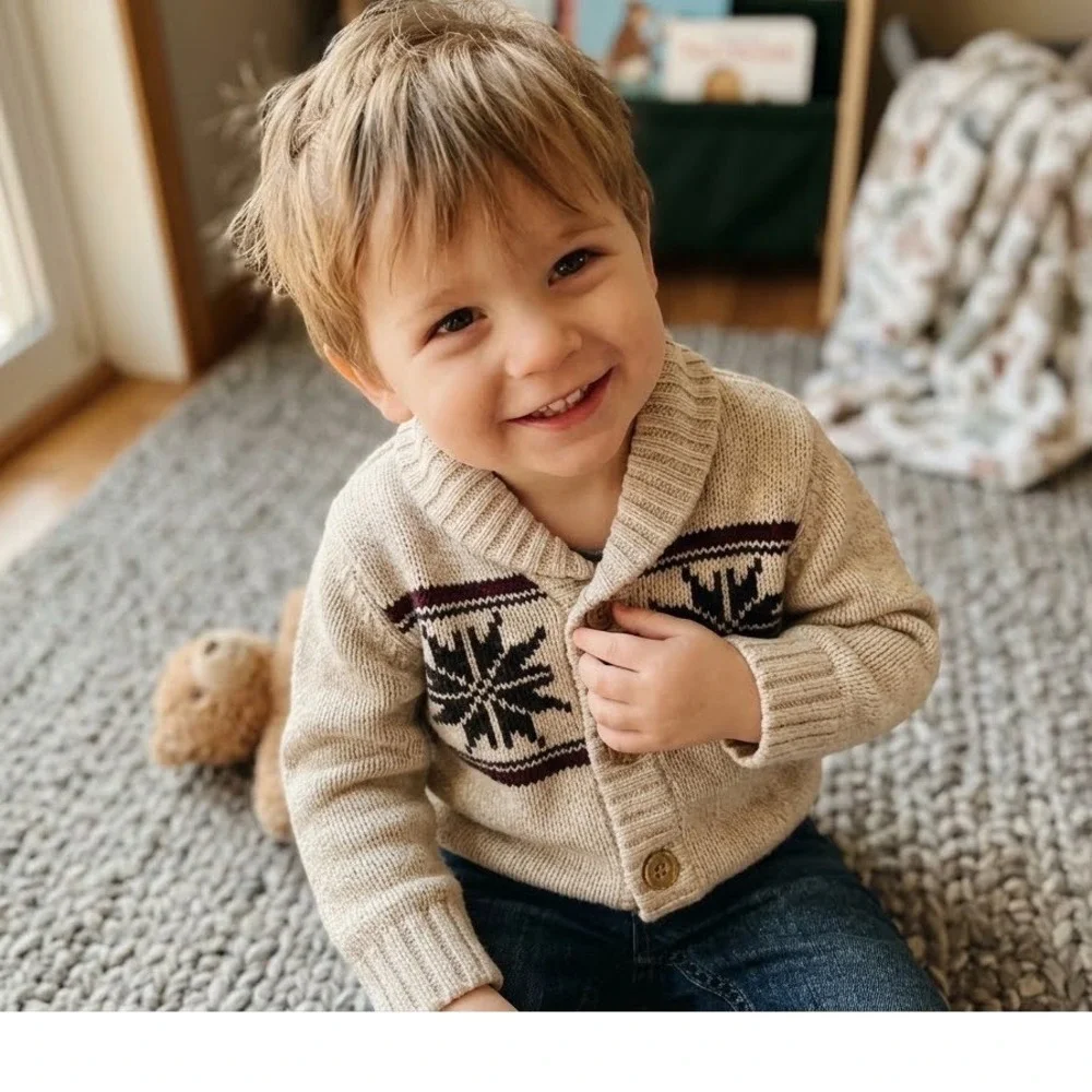 Old Navy Toddler Boys Fair Isle Shawl Collar Cardigan Sweater Oatmeal 18-24M